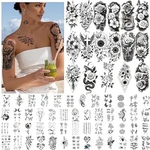 92 Sheets Flower Temporary Tattoos For Adults Women Girls, 17 Half Arm Fake Tattoos With 75 Small Floral Realistic Tattoo Stickers For Party And Daily Accessories