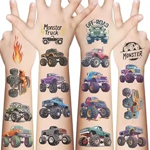10 Sheets Monster Truck Temporary Tattoos Birthday Themed Party Supplies Decoration Favors Cartoon Cute Sticker For Kids Boys Home Activity Class Prizes Carnival Christmas Rewards