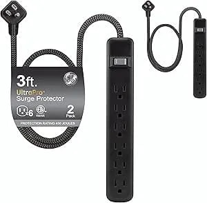Ge Surge Protector Power Strip, 2 Pack, 3 Ft Flat Plug Braided Extension Cord, 6 Outlet Extender, 450 Joules, Wall Mount, Etl Safety Listed, Black, 74544