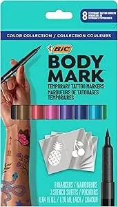 Bodymark Temporary Tattoo Markers, 8-Count Color Collection, Skin-Safe & Cosmetic Quality, Cruelty-Free, Long-Lasting, Flexible Brush Tip, Stencils Included