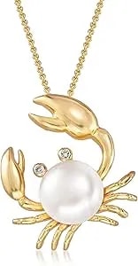 Ross-Simons 9mm Cultured Pearl Crab Pendant Necklace With Diamonds In 18kt Gold Over Sterling