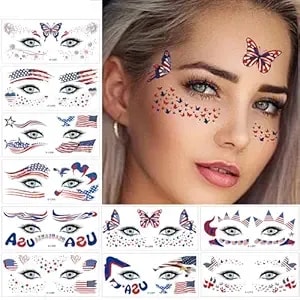 Face Temporary Tattoos Sticker 10 Sheets 4th Of July Flag Butterfly Tattoos Face Eyes Stickers Decorations Fit For Women Patriotic Makeup Festival Party