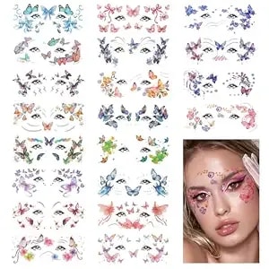 Konsait 20 Sheets Glitter Butterfly Temporary Face Tattoos For Women Girls, Butterfly Tattoos Halloween Face Makeup Tattoo Stickers For Eyes Party Favor Supplies