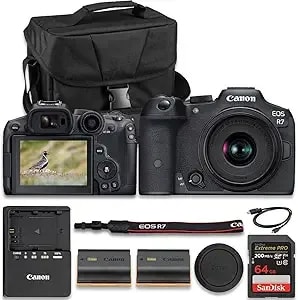 Canon Eos r7 Mirrorless Camera With Rf-S 18-45mm F/4.5-6.3 Is Stm Lens + Extra Lp-e6nh Lithium-Ion Battery + Sandisk Extreme Pro 64gb + Camera Case + More(14pc Bundle)