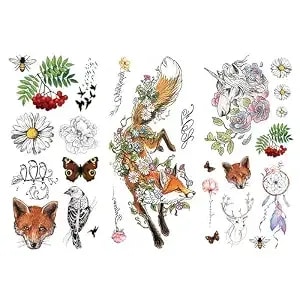 3 Sheets Large Temporary Tattoos Floral Fox Temporary Tattoo For Adults Women Men Friction Resistant Low Reflective Waterproof Lasts 5-7 Day