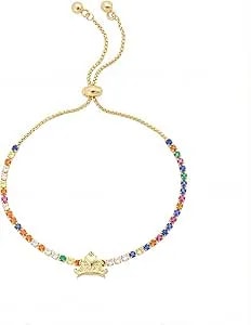 Disney Princess Gold Cubic Zirconia Crown Bolo Bracelet For Women, 14kt Gold Flash Plated, 9.75" Adjustable, Gift For Her