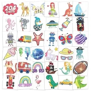 Emome 204 Sheets Glitter Tattoos For Kids, Individually Wrapped Temporary Tattoos For Girls And Boys, Fake Tattoo Stickers For Kids Birthday Party Favors Supplies, Goodie Bag Stuffers