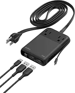 Belkin Travel Power Strip 70w, 6-In-1 Gan Charging Station Usb C Charger W/ 2 Ac Outlets, 2 Usb A Ports, Integrated Usb C Cable - Power Strip For Iphone, Apple Watch, Ipad, Macbook, Chromebook, Laptop