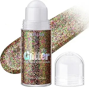 Hosaily Roll-On Body Glitter Gel, Mardi Gras Glitter Gel For Face Body And Hair, Sparkle Gold Green Purple Chunky Glitter Makeup For Carnival Festival St Patricks Day Rave Party Accessories