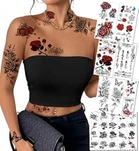 32pcs Red Temporary Rose Flower Arm & Leg Tattoo Stickers, Sexy Stripper Chest & Thigh Design, Waterproof, Perfect For Women (Rose-Red)