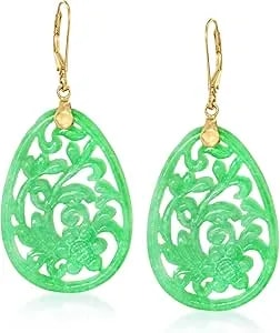 Ross-Simons Carved Jade Floral Drop Earrings In 14kt Yellow Gold
