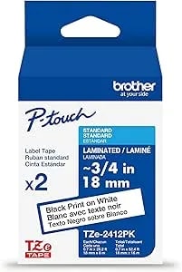 Brother Genuine tze241~3/4" 2pk Black Print On White Label Tape. Each: 0.7 In X 26.2 Ft (18 Mm X 8 M) Total: 0.7 In X 52.4 Ft (18 Mm X 16 M)