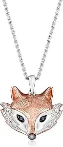 Ross-Simons Sterling Silver And 18kt Rose Gold Over Sterling Fox Pendant Necklace With Diamonds And Sapphires