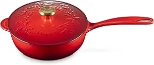 Le Creuset Enameled Cast Iron Holly Collection Saucier, 2.25 Qt., Cerise With Gold Knob