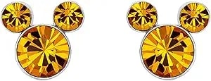 Disney Silver Plate Mickey Mouse Crystal Birthstone Stud Earrings