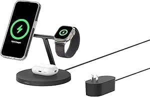 Belkin Magsafe-Compatible Iphone Charger, 3-In-1 Wireless Charging Station, Qi2-Certified 15W Wireless Charge For Apple Iphone 17 Series, Apple Watch, Airpods W/Non-Slip Base, 40W Included - Black