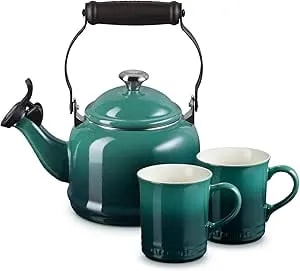 Le Creuset Enamel On Steel Demi Kettle With Metal Finishes & Stoneware Set Of 2 Mugs, 1.25 Qt. Kettle & (2) 14 Oz. Mugs, Artichaut