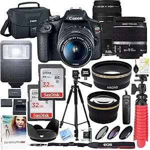 Canon t7 Eos Rebel Dslr Camera With Ef-S 18-55mm F/3.5-5.6 Is Ii And Ef 75-300mm F/4-5.6 Iii Lens And Two (2) 32gb Sdhc Memory Cards Plus Double Battery Accessory Bundle