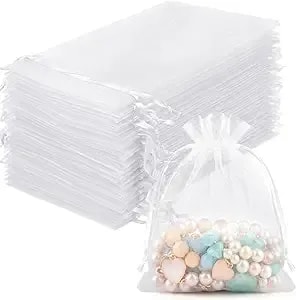 Funfery 100pcs White Organza Bags 3x4 In,Small Mesh Drawstring Gift Bag - Little Jewelry Bags For Wedding Party Favors, Mini Drawstring Pouch For Sachet, Candy, Goodie, Treat Bag For Easter Day