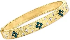 Ross-Simons 0.80 Ct. T.W. London Blue Topaz Floral Bangle Bracelet With .10 Ct. T.W. Diamonds In 18kt Gold Over Sterling