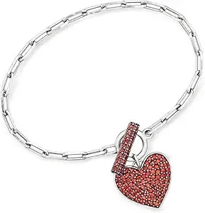 Ross-Simons 1.80 Ct. T.W. Garnet Heart Paper Clip Link Toggle Bracelet In Sterling Silver