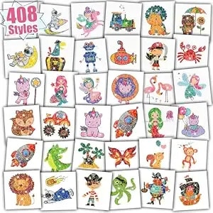 Partywind Glitter Kids Temporary Tattoos For Boys Girls - 408 Styles, Individually Wrapped Sheets, Party Goodie Bag Stuffers, Birthday Party Supplies Favors, Party Games