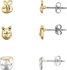 Disney Winnie-The-Pooh Bee And Honey Pot Trio Earring Set Officially Licensed - Brass With Sterling Silver And Gold Plate - Stud Earrings