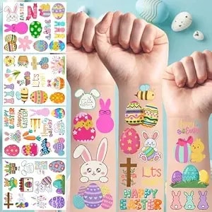 Easter Temporary Tattoos - Easter Party Decorations Stickers Easter Party Favors Accessories Supplies Eggs Hunt Bunny Basket Rabbit Suitable For Kids Teens Youth Adult Gift Idea 4 Sheets - 50pcs