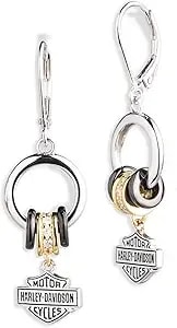 Harley-Davidson Women'S Tri-Tone Crystal Bar & Shield Charm Drop Earrings