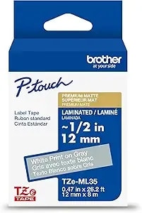 Brother Genuine P-Touch Tze, White Print On Gray Label Tape (tzeml35), Premium Matte Laminated,1in X 26.2ft (24mm X 8m), For Select P-Touch Label Makers, For Crafts, Home Office, Small Business
