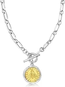 Ross-Simons Italian Sterling Silver And 18kt Gold Over Sterling Double-Sided Replica Lira Coin Paper Clip Link Toggle Necklace