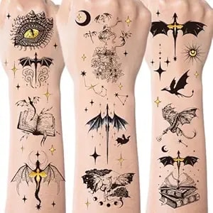Black Wings Dragon Temporary Tattoos - 200+ Dragon Birthday Party Decorations Favors Supplies Dark Mysterious Ancient Animals Tattoo Stickers For Kids Boys Girls Dragons Goodie Bags Fillers Gifts