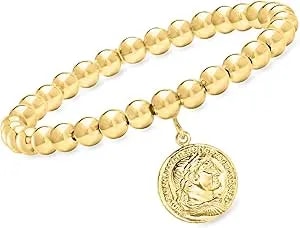 Ross-Simons Italian 6mm 18kt Gold Over Sterling Stretch Bead Bracelet With Replica Lira Coin Charm