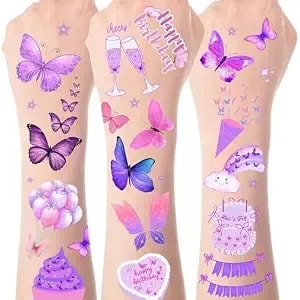 Butterfly Temporary Tattoos, Purple Pink Birthday Decoration Birthday Party Favors, Supplies, Fake Tattoo Stickers, School Rewards Prizes (Butterfly)