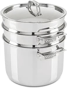 Viking 3-Ply Stainless Steel Pasta Pot With Lid, 8 Quart, 4 Piece Multipot Kitchen Cookware, Includes Pasta Insert And Steamer Basket, Dishwasher And Oven Safe, Induction Ready, Silver