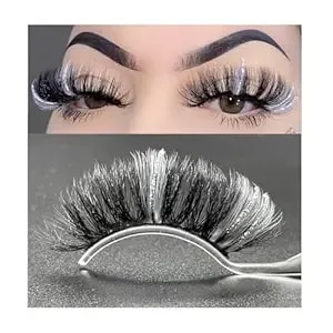 Black And White False Eyelashes With Silver Glitter,1 Pair Black Lash Strip With Color Silver Highlight Sparkly, Cruelty-Free Faux Mink For Women Makeup