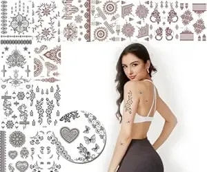 14 Sheets Henna Tattoos Temporary Stickers 10pcs Brown Tattoo Templates Women Body Art Stickers For Wedding Party (Black+Brown)