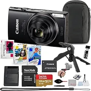Canon Powershot Elph 360 Hs A Digital Camera Bundle (Black) + Sandisk 128gb Extreme Micro Card + Grip Tripod. & Photo/Video Software Package + Accessory Kit