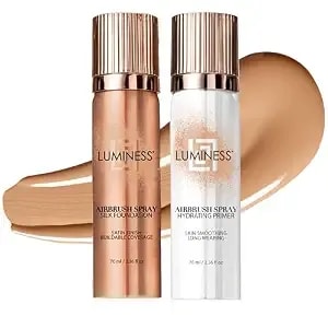 Luminess Silk Airbrush Spray Foundation & Primer Kit - Full Coverage Foundation, Anti-Aging Formula Hydrates & Moisturizes With Hyaluronic Acid, Aloe Vera & Hydrolyzed Silk (Shade - Medium Warm)