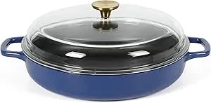 Sur La Table Kitchen Essentials Supper Club 3.75 Quart Enamel Cast Iron All In One Multi-Purpose Non-Toxic Nonstick Braiser Pan W/Borosilicate Glass Lid - Blue
