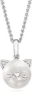 Ross-Simons 9-9.5mm Cultured Pearl Cat Pendant Necklace With Diamonds In Sterling Silver. 18 Inches