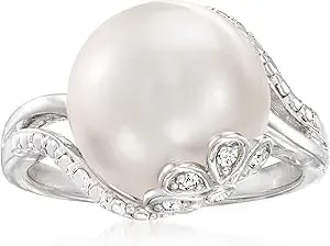 Ross-Simons 12-12.5mm Cultured Pearl Ring With Diamonds In Sterling Silver