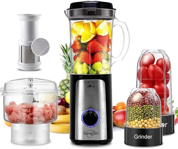 Sangcon Blenders For Kitchen, 5-In-1 Food Processor Combo For Smoothies Set - Bpa-Free 47oz Pitcher, 2.5-Cup Bowl, 18/11oz Cups, 3 Blades; Housewives Prep Shakes, Meat, Sauces, Salsa, Coffee, Dry Spices