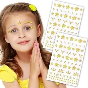Flower Face Tattoo Sticker Summer Face Jewelry For Girls- Self-Adhesive Rhinestones For Eyes, Face, Nail Body – Festival Halloween Christmas Cosplay Makeup Decoration (Yellow)