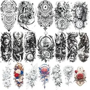 Verkstad 19 Sheets Temporary Tattoo For Men Women Adults, Black 3d Flower Half Sleeve Tattoos, Scary Lion Wolf Tiger Skull Summer Bbq Pool Beach Party