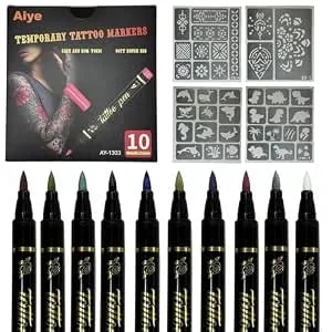 10 Colors Metallic Body Paint Markers , Temporary Tattoo Markers With 4 Stencil Sheets, Waterproof Quick Dry Washable Skin Safe Face Paint Pens, For Halloween, Easter, Christmas & Festivals