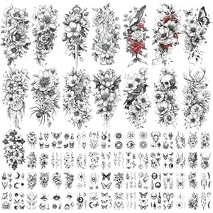 Cerlaza 79 Sheets Temporary Tattoos For Adult Women, 15 Pcs Large Black Flowers Fake Tattoos Sleeves, 3d Realistic Christmas Semi Permanent Tattoo Stickers, Small Sexy Tatuajes Temporales