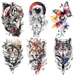 6 Sheets Realistic Wildlife Temporary Tattoos For Adults, Tiger Lion Wolf Astronaut Butterfly Fake Tattoo Stickers, Waterproof Long Lasting Body Art For Arm Chest