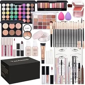 Makeup Set For Women Full Kit Includes, Eyeshadow、 Liquidfoundation,Loose Powder,Eyebrow Pencil,Lipstick Eye Pencil Makeup Brushesmakeup Practice Board 4-Color Lip Gloss Set