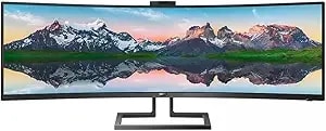 Philips Brilliance 499p9h 49" Superwide Curved Monitor, Dual Qhd 5120x1440 32:9, Usb-C Connectivity And Built-In Kvm Switch, Pop-Up Webcam, Height Adjustable, Lightsensor, 4yr Advance Replacement Warr